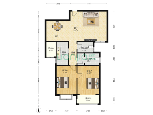 朝阳国际广场 2室1厅2卫 125平方