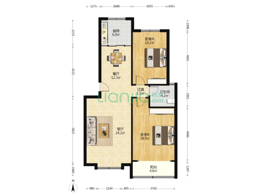 兰苑小区 2室2厅1卫 107平方