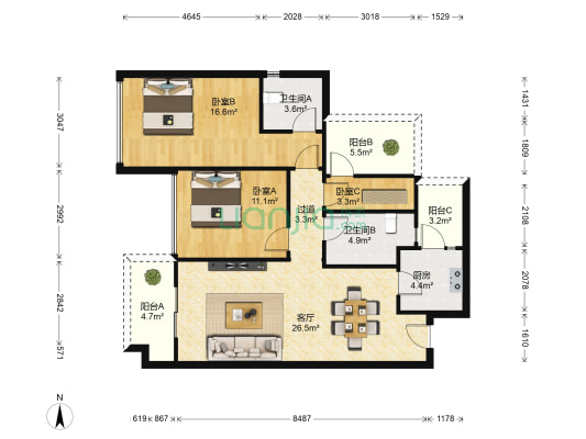 保利爱尚里 3室1厅2卫 95平方