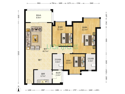 和泰家园 3室1厅2卫 122平方