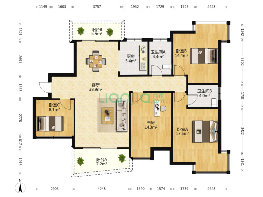 展兴高新花园 4室1厅2卫 145平方