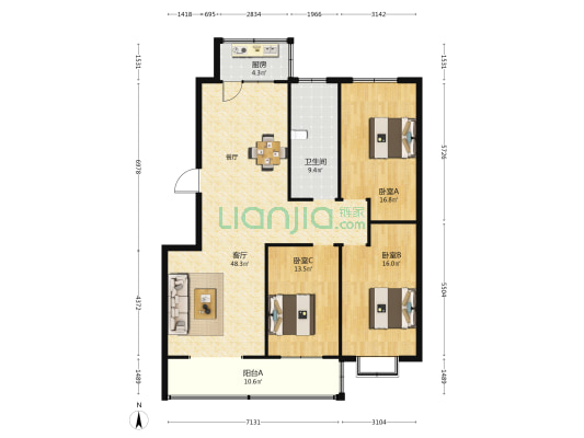 尧王山花园 3室1厅1卫 143平方