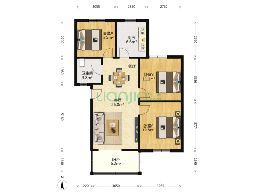 长庆龙凤园 3室1厅1卫 92平方