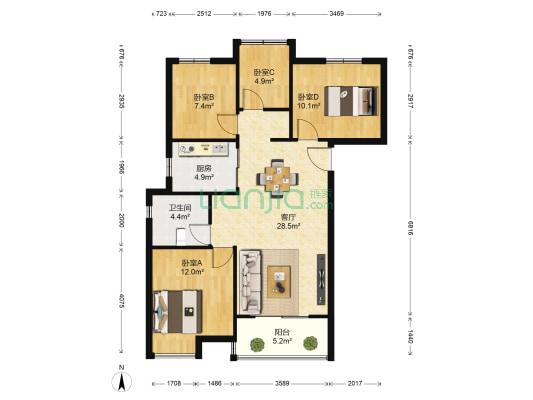 中海滨湖公馆 4室1厅1卫 96平方