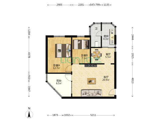桂花北路 2室2厅1卫 66平方