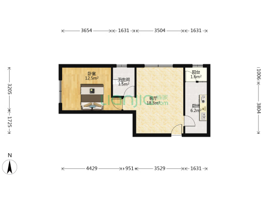 翡翠滨江 西北正规一居室 中高层 可观景德信公园-户型图