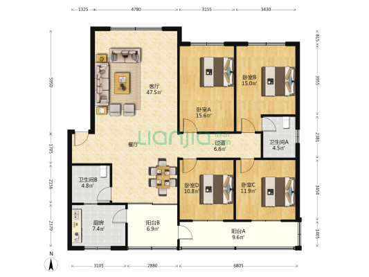 蓉都大道北一段199 4室1厅2卫 155平方