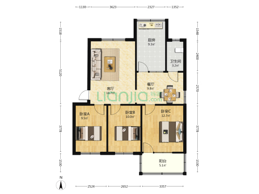 荷花湾小区 3室2厅1卫 94平方