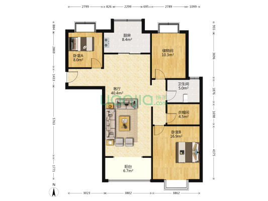 天章水岸国际 2室1厅1卫 127平方