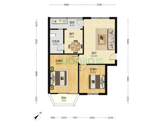 新龙干休所 2室2厅1卫 76平方