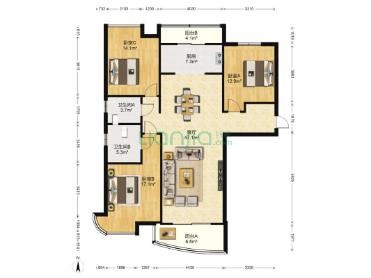 绿地世纪城四期 3室1厅2卫 161平方