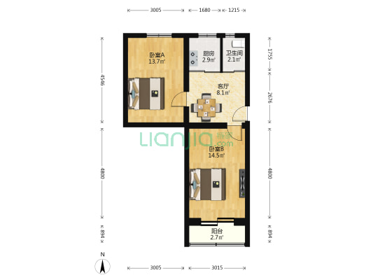 西安街甲2号 2室1厅1卫 58平方