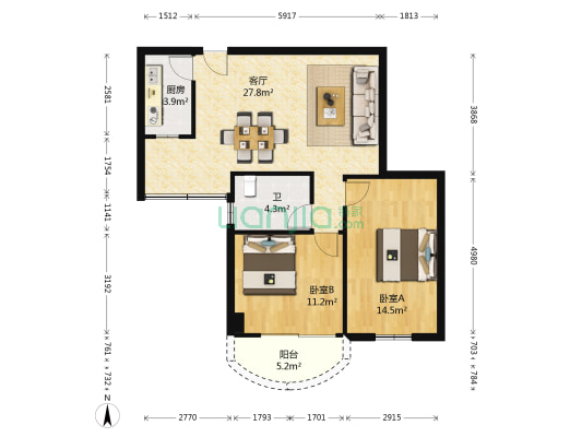 银燕大厦 2室1厅1卫 90平方