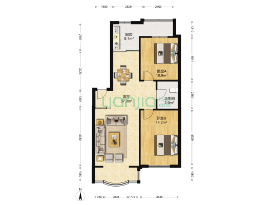 流星花园 2室1厅1卫 98平方