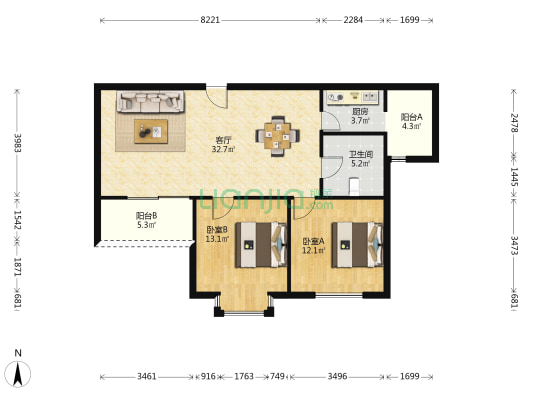 海苏花园 2室1厅1卫 93平方