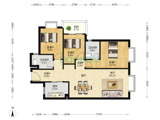 中骏天誉1期 3室1厅2卫 114平方