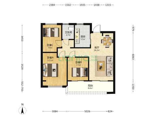 龙湖粼云上府 3室1厅1卫 89平方