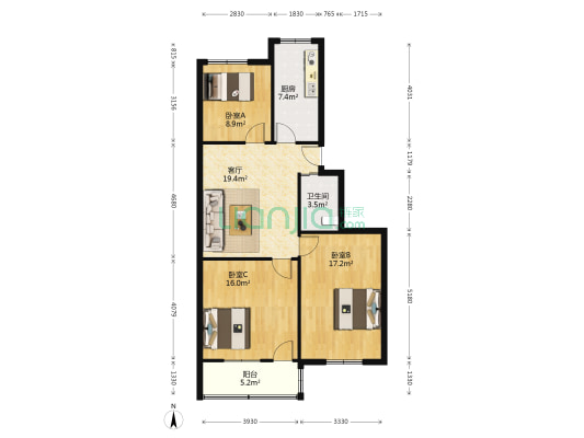 盐河花园 3室1厅1卫 93平方
