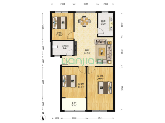 鑫鼎花园 3室1厅1卫 120平方