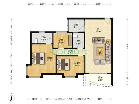 丽江豪庭 3室1厅2卫 92平方