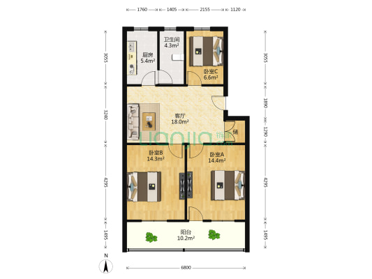 金凤二区 3室1厅1卫 87平方