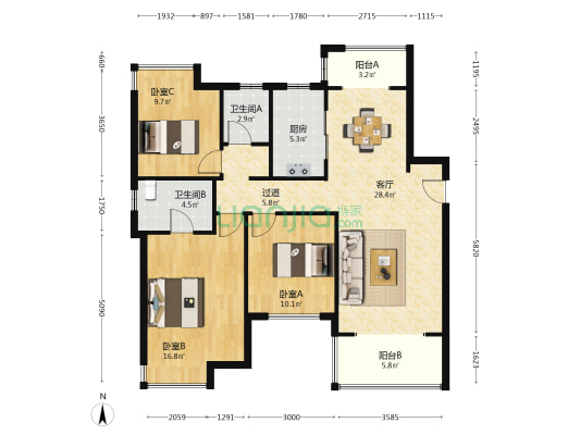 新力锦园 3室1厅2卫 118平方