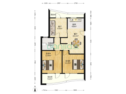 绿城玉兰公寓 2室2厅1卫 93平方