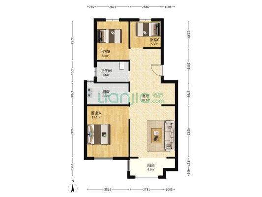 冠华西城 3室1厅1卫 98平方