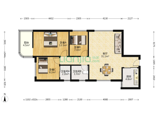 星马广场 3室1厅2卫 88平方