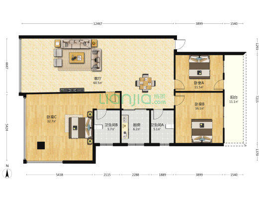 广南公寓 3室1厅2卫 166平方