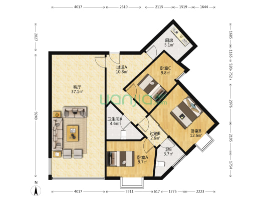银海大厦 3室1厅2卫 135平方