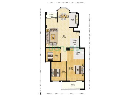 三元嘉园 3室1厅2卫 141平方