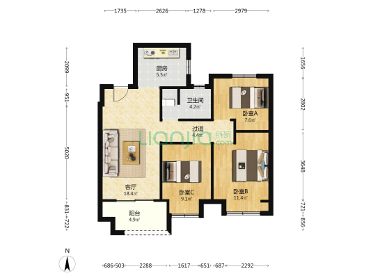 中梁春和景明 3室1厅1卫 89平方