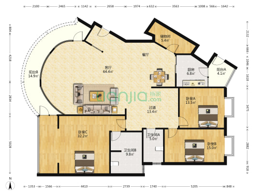 世纪村三期 3室1厅2卫 222平方