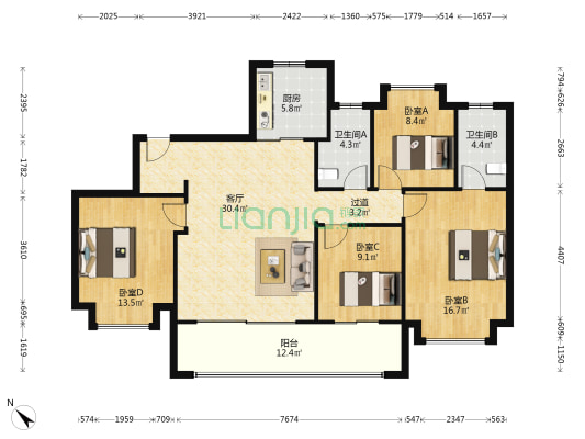 颐和源璟B区 4室1厅2卫 143平方