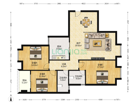 凌江峰阁 3室1厅2卫 136平方
