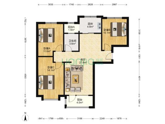 南北通三居，全明格局，业主急售-户型图