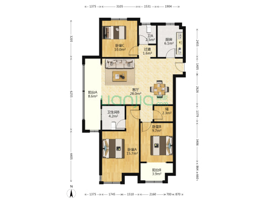 蝶湖壹号 3室1厅2卫 122平方