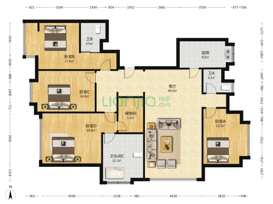 万科·南湖春晓一期(风荷苑) 4室1厅3卫 192平方
