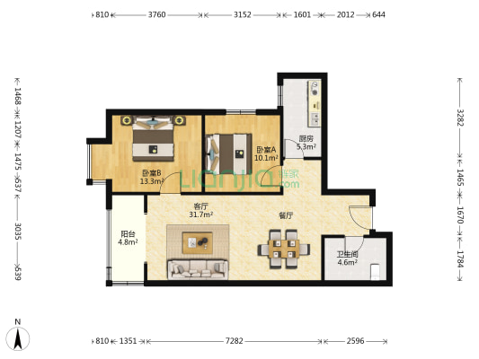 宏府鹍翔九天E区 2室1厅1卫 90平方