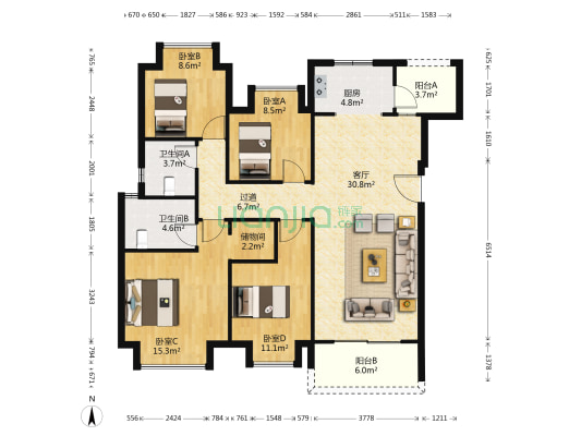 龙湖三千庭北区 4室1厅2卫 122平方