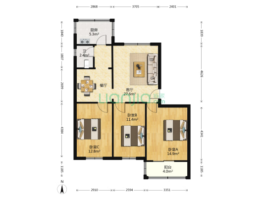 西航三校小区 3室1厅1卫 95平方