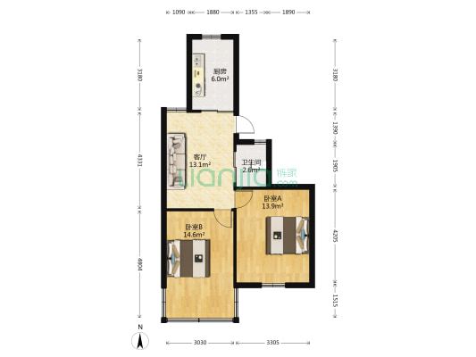 建设路 2室1厅1卫 61平方