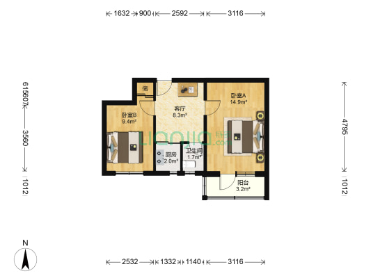 中纺宿舍北院 2室1厅1卫 54平方