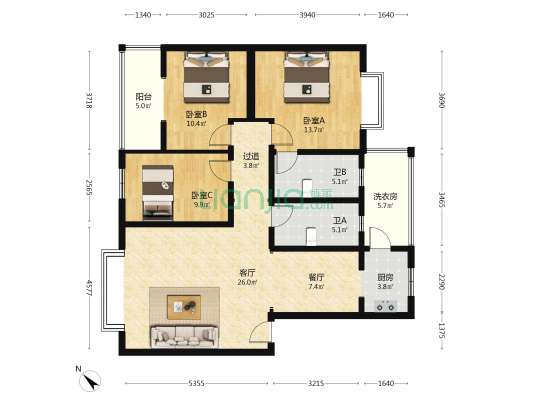 恒成花园 3室2厅2卫 113平方