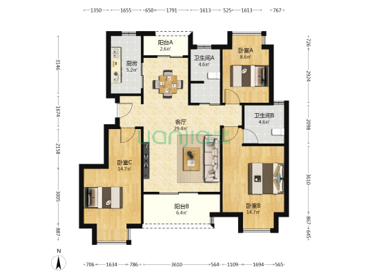 金地金茂九峯府 3室1厅2卫 107平方