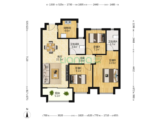 鸿海万科天空之城南区 3室1厅2卫 95平方