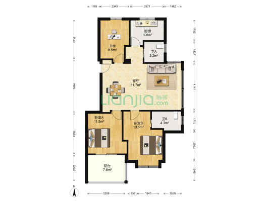 阳光丽园北区 3室1厅2卫 109平方