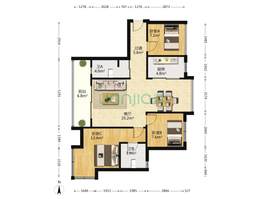 旺德府恺悦国际 3室1厅2卫 95平方