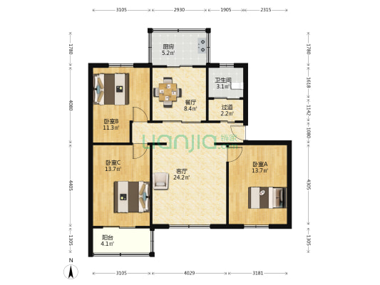 龙云楼 3室2厅1卫 106平方
